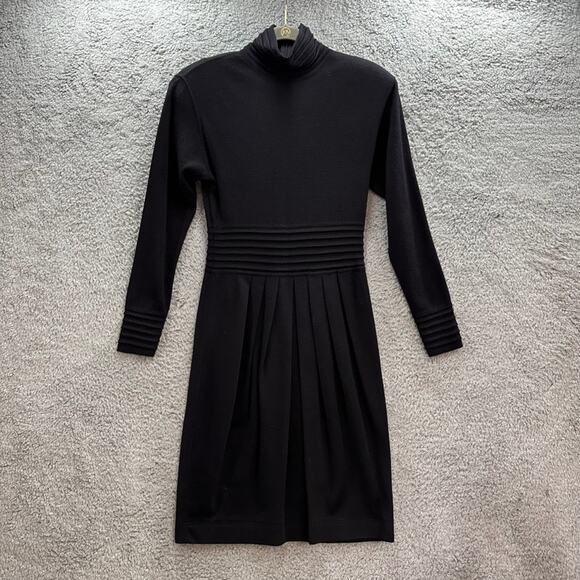Vintage Ann Tjian for KENAR2 Black Long Sleeve Dress‎ Mock Neck Wool Blend - Picture 1 of 9